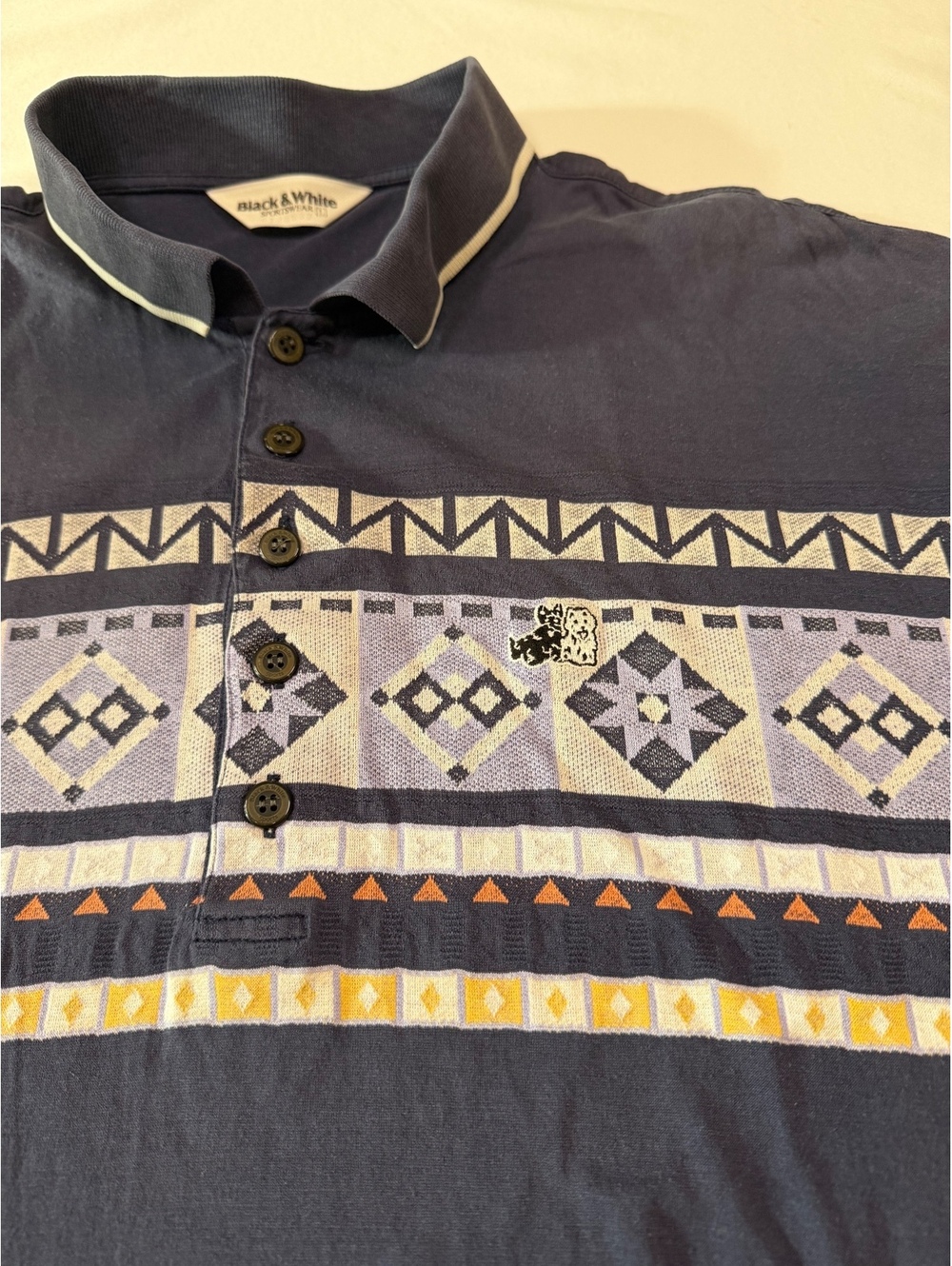 Vintage Black & White Sportswear Polo Men L Made in Japan Golf Geometric 90s Y2K